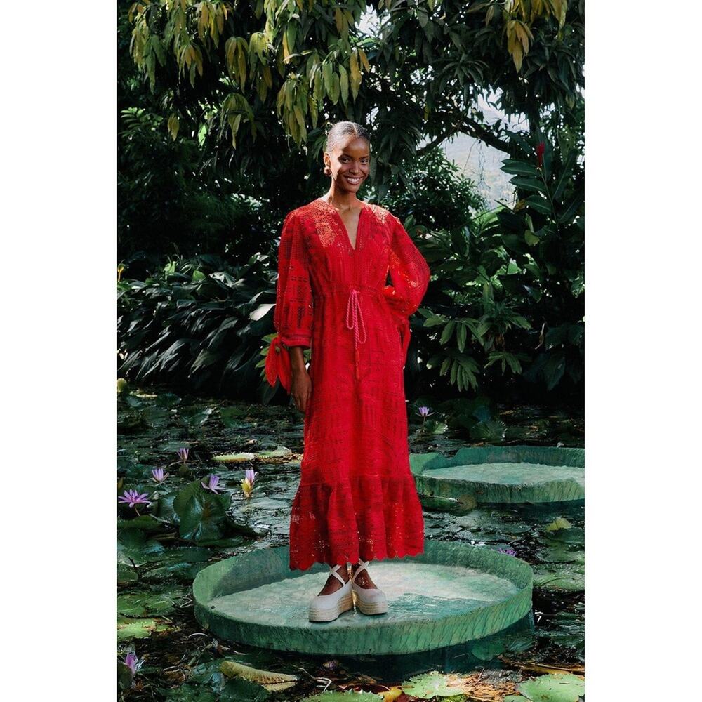 Farm Rio Maxi Dress Red Lace V Neck Long Sleeve Tie Waist Tiered Ruffle Size S